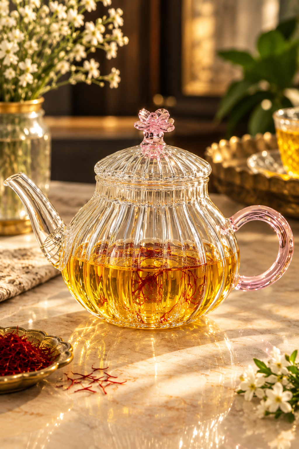 قوری زعفران پیرکس سایز بزرگ درب و دسته صورتی